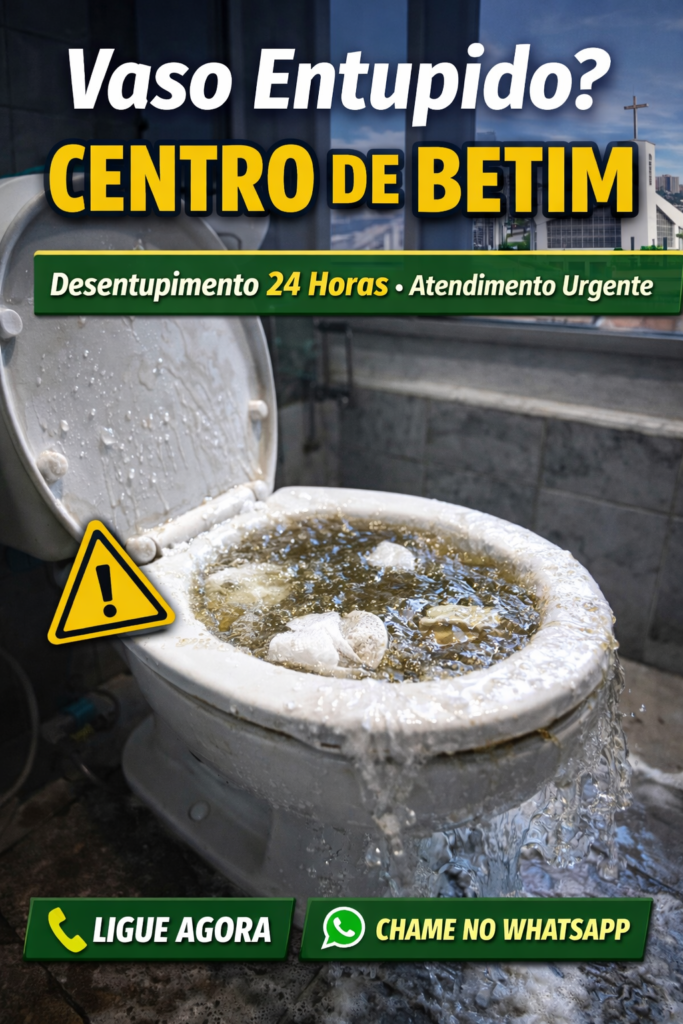 desentupimento de vaso no Centro de Betim com água subindo e risco de transbordamento