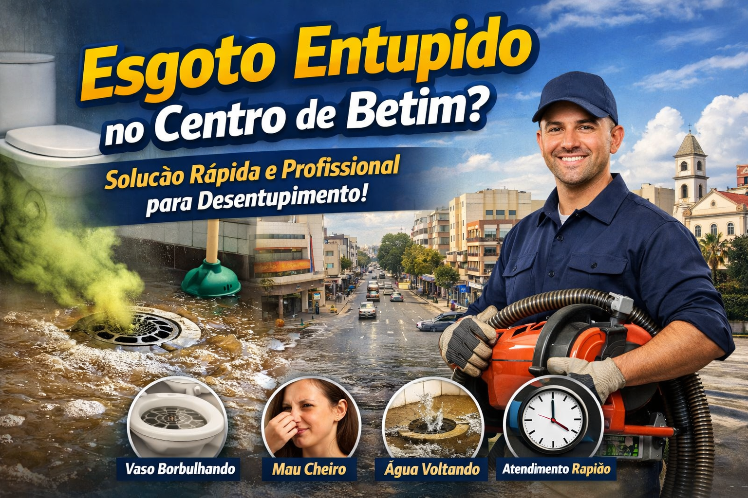 esgoto entupido no Centro de Betim com água voltando pelo ralo e técnico realizando desentupimento