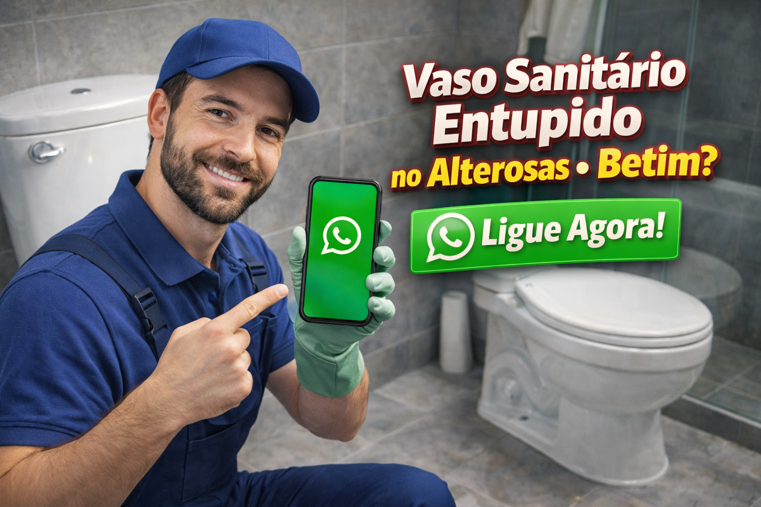 técnico com celular oferecendo atendimento por WhatsApp para vaso sanitário entupido no Alterosas Betim
