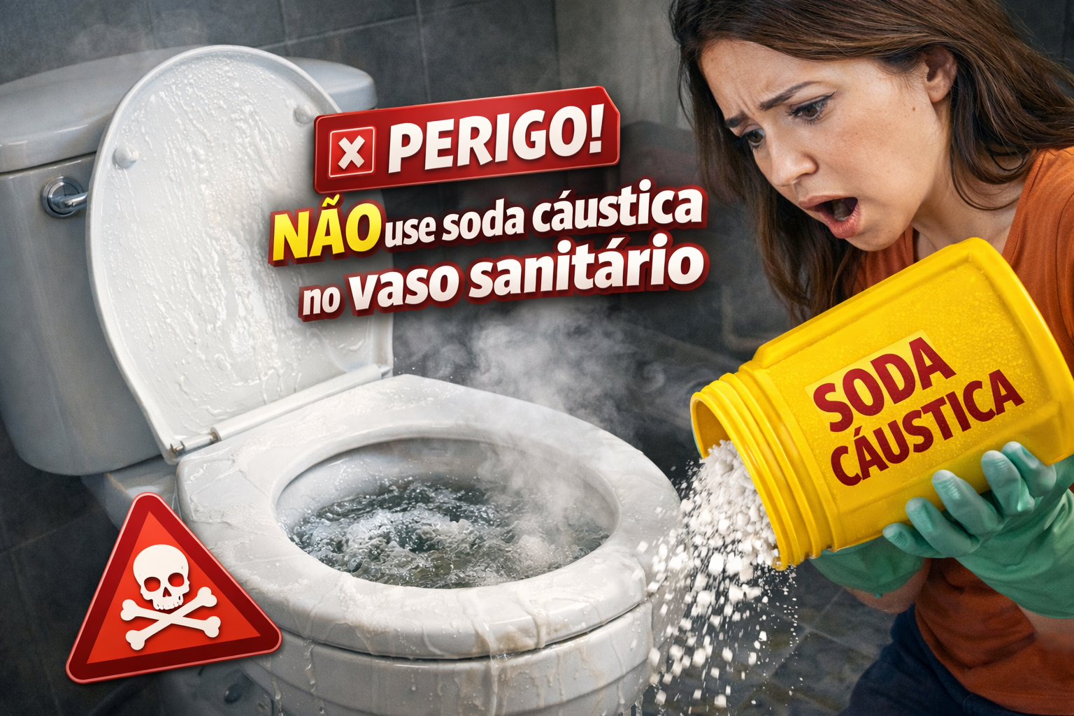 não usar soda cáustica em vaso sanitário entupido devido ao risco de acidentes e danos na tubulação