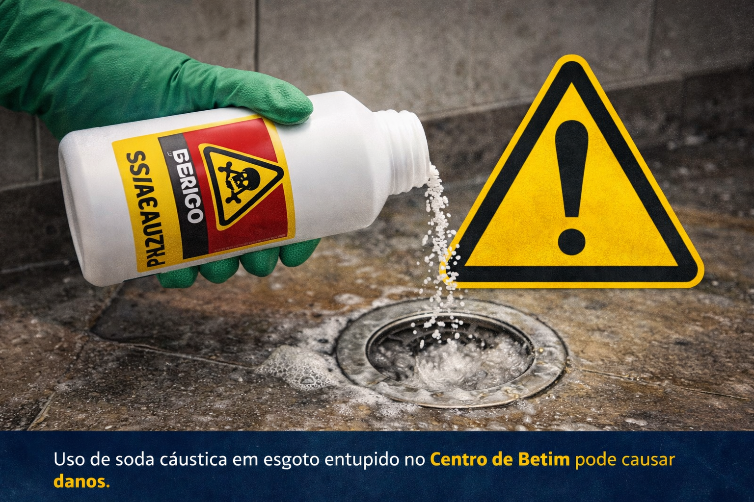 uso de soda cáustica em esgoto entupido no Centro de Betim pode causar danos